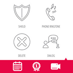 Achievement and video cam signs. Phone ringtone, delete and chat speech bubble icons. Shield linear sign. Calendar icon. Vector
