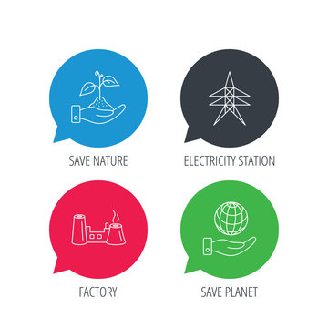 Colored speech bubbles. Save nature, planet and factory icons. Electricity station linear sign. Flat web buttons with linear icons. Vector