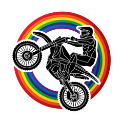 Motorcycle cross jumping designed on line rainbows background graphic vector