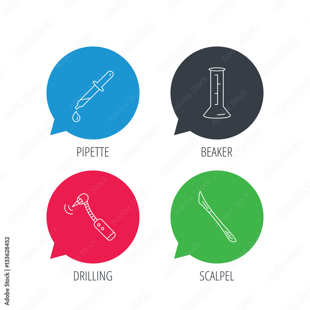 Poster colored speech bubbles. beaker, medical scalpel and drilling tool icons. pipette linear sign. flat w