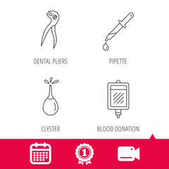 Fototapeta na wymiar Achievement and video cam signs. Blood donation, pipette and dental pliers icons. Clyster linear sign. Calendar icon. Vector