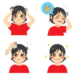 Cute boy with different stages of lice infection and after treatment