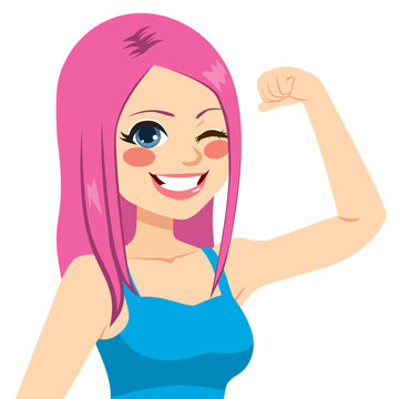 Beautiful young strong confident girl with pink dyed hair showing power concept flexing biceps muscle