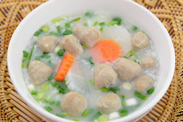 boiled rice with meat ball and vegetable, thai stlye food