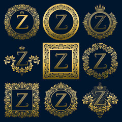 Vintage monograms set of Z letter. Golden heraldic logos in wreaths, round and square frames.