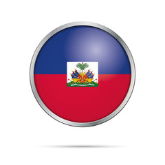 Obraz premium Vector Haitian flag button. Haiti flag in glass button style with metal frame.