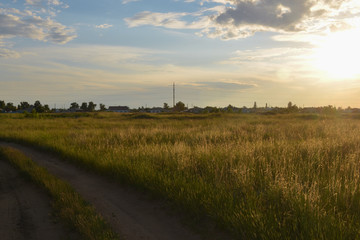 Road. Field. Village. Sunset. Summer. Sun