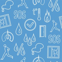 Alarm, background, seamless, fire detectors, humidity, motion, temperature, contour, blue.  Vector flat background with pictures of alarm for alarm sensors. White line icons on a blue field.  