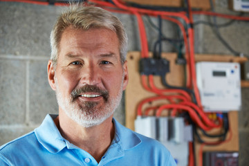 Portrait Of Electrician Standing Next To Fuseboard
