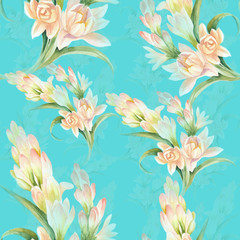 Fototapeta na wymiar Tuberose - branches. Seamless pattern. medicinal, perfumery and cosmetic plants. Wallpaper. Use printed materials, signs, posters, postcards, packaging. Watercolor.