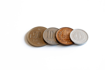 row of Japanese coins isolation on white background