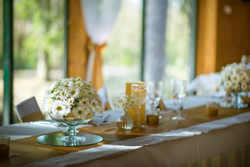celebration seating on wedding, table decorations with flowers for party or wedding