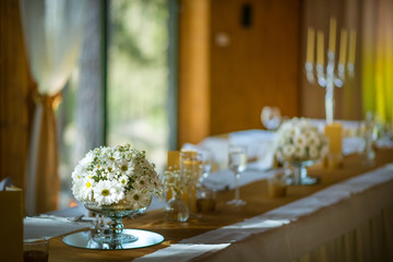 celebration seating on wedding, table decorations with flowers for party or wedding