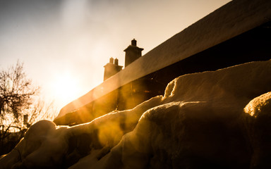 house snow sunrise