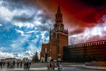 red bloody cloud of history on Spasskaya Tower. Play of color.