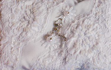 Long earrings with Rhinestones on a white background