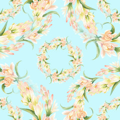 Tuberose - branches. Seamless pattern. medicinal, perfumery and cosmetic plants. Wallpaper. Watercolor.