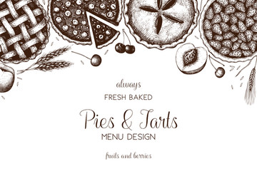 Vector card design with ink hand drawn fruit and berry baking illustration. Vintage template with traditional cake, tart and pie sketch. Sweet bakery. Top view. - obrazy, fototapety, plakaty