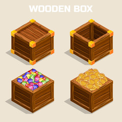 Set of icons cartoon wooden isometric boxes for game. Vector illustration opened and closed box with coins, diamonds