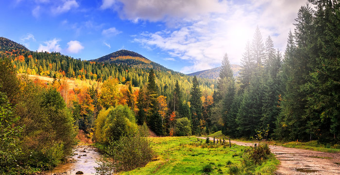 autumn  landscape. mountain river with perfect sky on the background in the sunlight. artistic creative image. soft light effect