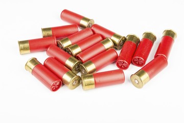 12 gauge red hunting cartridges for shotgun. Macro shot.