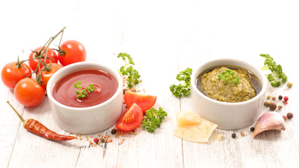 tomato sauce and pesto sauce