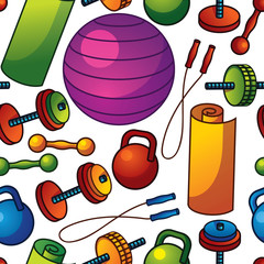 Seamless vector pattern of equipment for gym. Colorful wallpaper of  equipment for fitness workout on white background