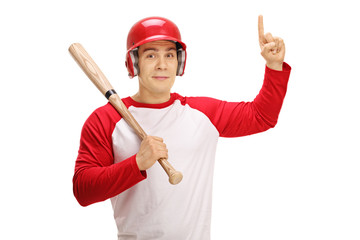 Baseball player with a bat pointing up
