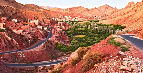 View of the city of Tamellalt in Atlas Mountains in Morocco - obrazy, fototapety, plakaty