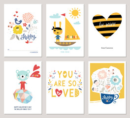 Valentine's Day greeting cards with typographic design and kids illustrations. Include heart shapes, Teddy bear, bunny, romantic quotes, bird and flowers.