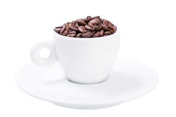 Cup with grains of arabica coffee.