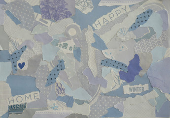 Creative Atmosphere art mood board collage sheet in color idea ice blue, grey blue and aqua made of teared magazines and printed matter paper