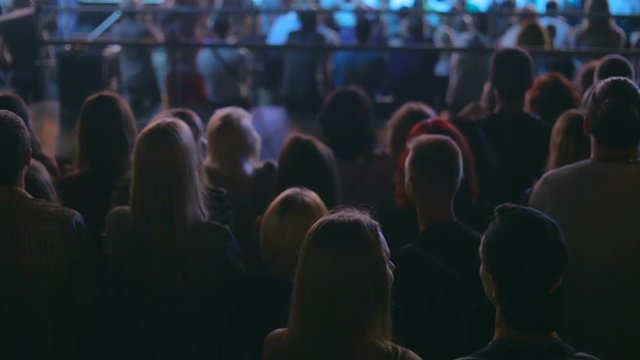Silhouettes of crowd watching concert on stadium at night