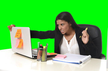  business woman suffering stress working at office isolated green chroma key background