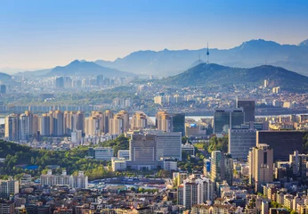 Foto op Plexiglas Seoul City Skyline en N Seoul Tower, Zuid-Korea © panyaphotograph