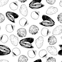 Vector seamless pattern of seafood. Mussels and clams. Hand drawn engraved icons.