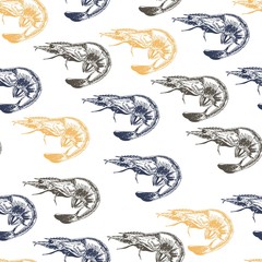 Vector seamless pattern of seafood. Colored shrimps. Hand drawn engraved icons.