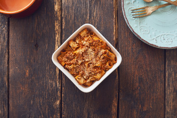 Baked pasta with mince, ragù sauce.