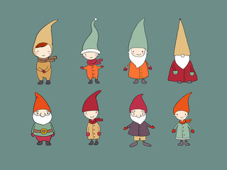 Set of cute cartoon gnomes. Funny elves.