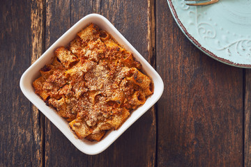 Baked pasta with mince, ragù sauce.