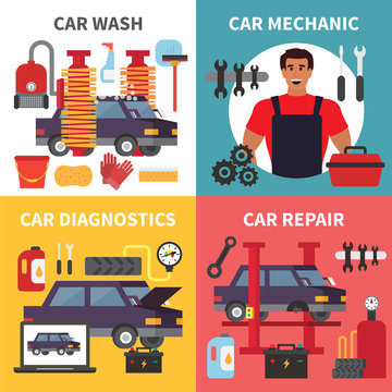 Car service maintenance. Auto transport diagnostics, care and mechanic repair work. Vector set