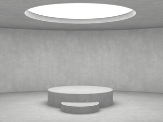 Empty podium on white concrete room with opening hole in the ceiling background. 3D rendering illustration.
