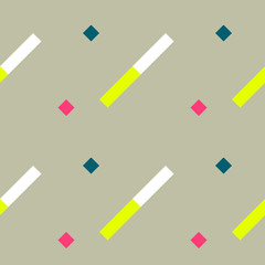 Seamless geometric stripy pattern. Texture of diagonal strips. White, yellow, pink, blue rectangles and squares on beige background. Baby, children colored. Vector