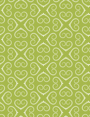 Seamless heart pattern. Vintage texture. Twist ornament of laurel leaves. Olive, white, warm, soft colored background. Love, birthday, Easter theme. Vector