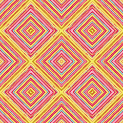 Striped diagonal rectangle seamless pattern. Square rhombus lines with torn paper effect. Ethnic background. Yellow, pink, aqua colors. Vector