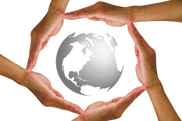 Man's hands holding around the globe on white background, saving world concept