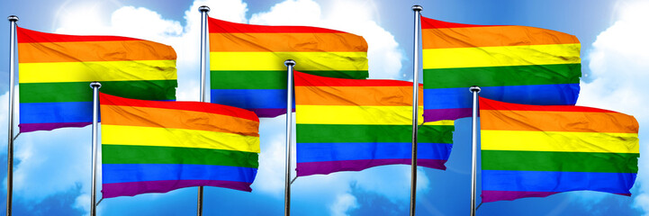 Gay pride flags, 3D rendering, on a cloud background