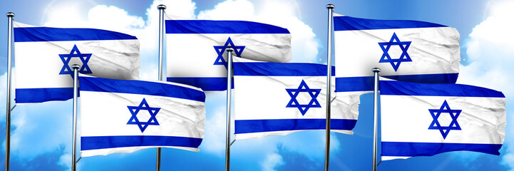 Israel flags, 3D rendering, on a cloud background