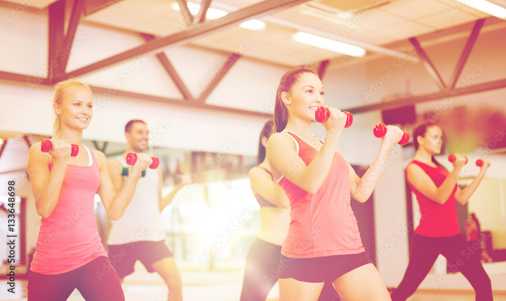 Wall mural group of smiling people working out with dumbbells