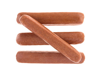 Uncured beef hot dogs top view isolated on a white background.